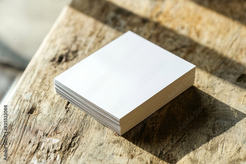 Blank business cards stack on wooden texture, sunlight cast Blank business cards stack on wooden texture, sunlight cast