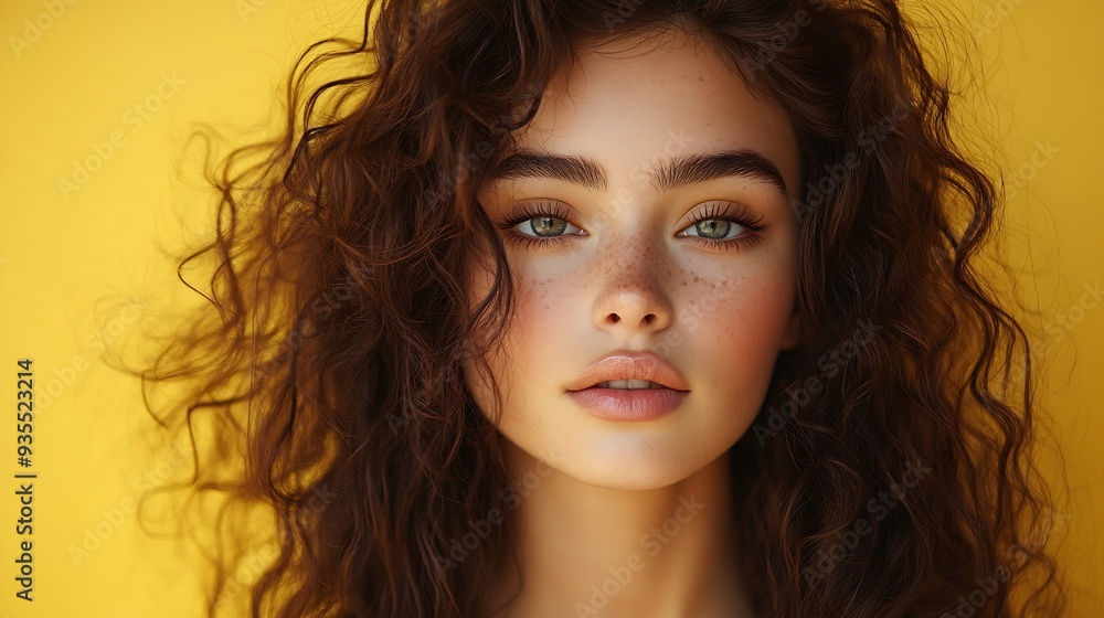 young brunette holding her curly hair looks anywhere on a yellow background Beautiful woman is holding her curly hair leaving space on the left sides : Generative AI young brunette holding her curly hair looks anywhere on a yellow background Beautiful woman is holding her curly hair leaving space on the left sides : Generative AI