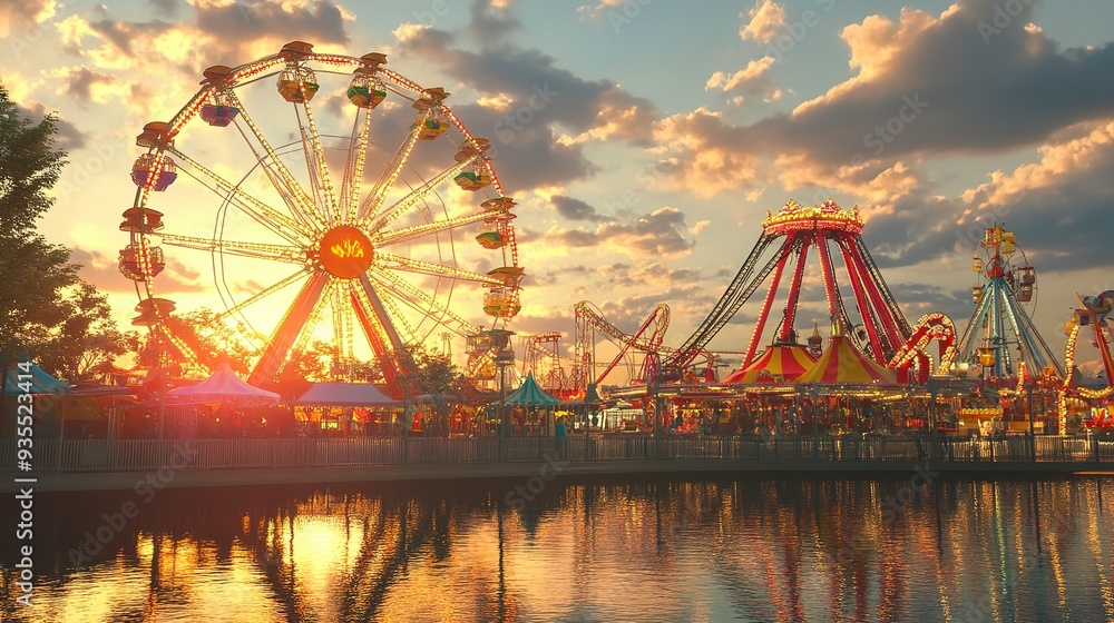 Amusement park in the sunset time. 3d rendering. Amusement park in the sunset time. 3d rendering.