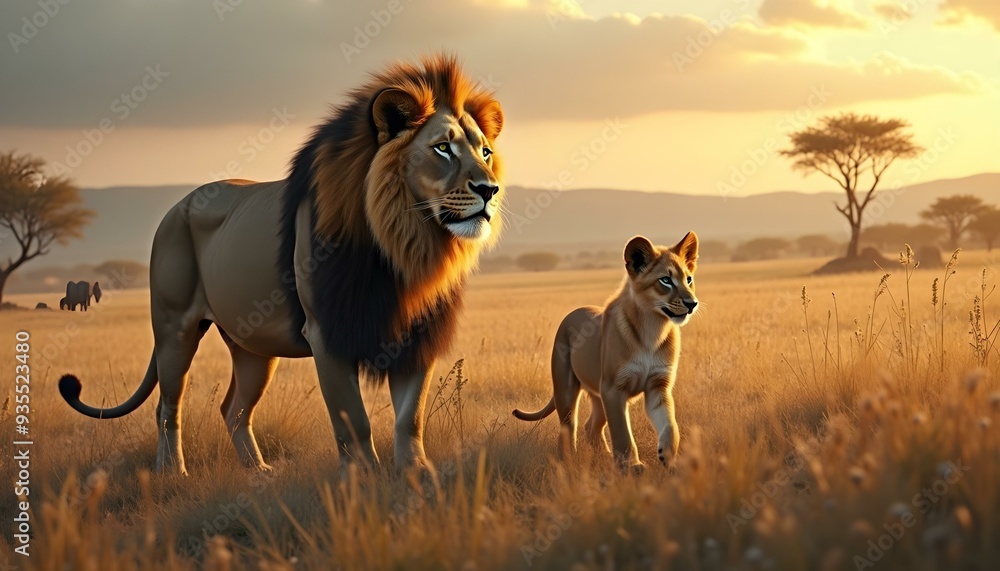 Obraz premium A lion strolling with its cub, showcasing a tender moment between the majestic parent and its young in their natural habitat.
