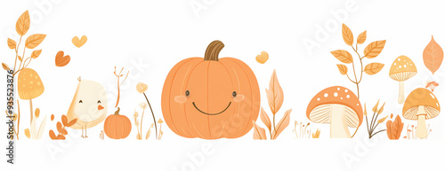 Whimsical Autumn Illustration of a Cheerful Pumpkin with Playful Birds and Mushrooms, Featuring Cozy Fall Leaves and a Warm Color Palette in a Cartoonish Style