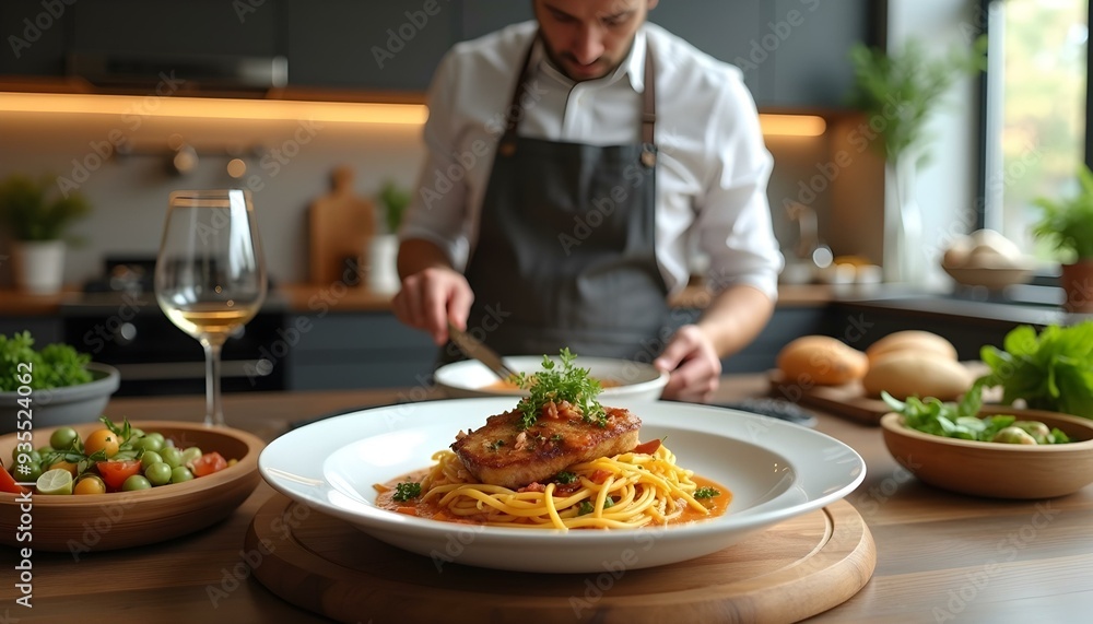 Chef preparing dishes in a restaurant kitchen, showcasing the culinary skills and vibrant atmosphere of a professional kitchen. Chef preparing dishes in a restaurant kitchen, showcasing the culinary skills and vibrant atmosphere of a professional kitchen.