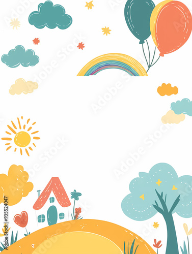 Cheerful Children's Illustration with Rainbow, Smiling Clouds, and Suns, Featuring Colorful Flags and Stars with a Large Blank Space for Text, Perfect for Kids' Content