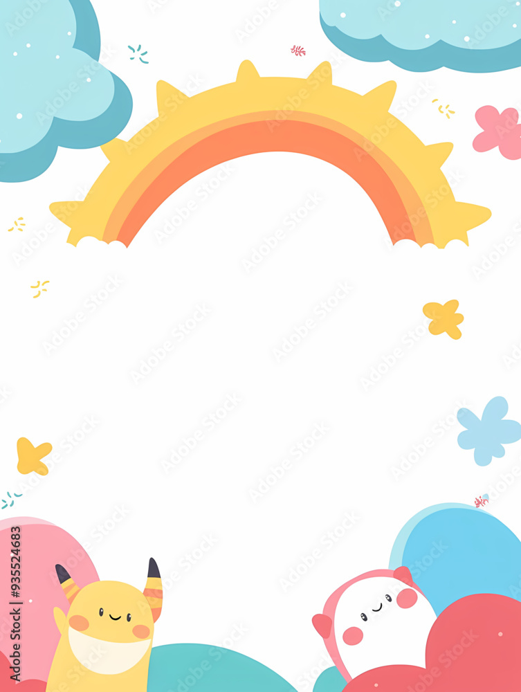 Cheerful Children's Illustration with Rainbow, Smiling Clouds, and Suns, Featuring Colorful Flags and Stars with a Large Blank Space for Text, Perfect for Kids' Content Cheerful Children's Illustration with Rainbow, Smiling Clouds, and Suns, Featuring Colorful Flags and Stars with a Large Blank Space for Text, Perfect for Kids' Content