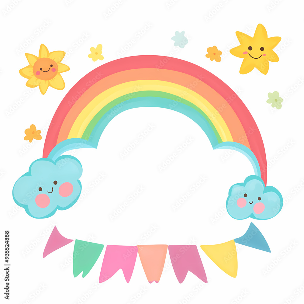 Cheerful Children's Illustration with Rainbow, Smiling Clouds, and Suns, Featuring Colorful Flags and Stars with a Large Blank Space for Text, Perfect for Kids' Content Cheerful Children's Illustration with Rainbow, Smiling Clouds, and Suns, Featuring Colorful Flags and Stars with a Large Blank Space for Text, Perfect for Kids' Content