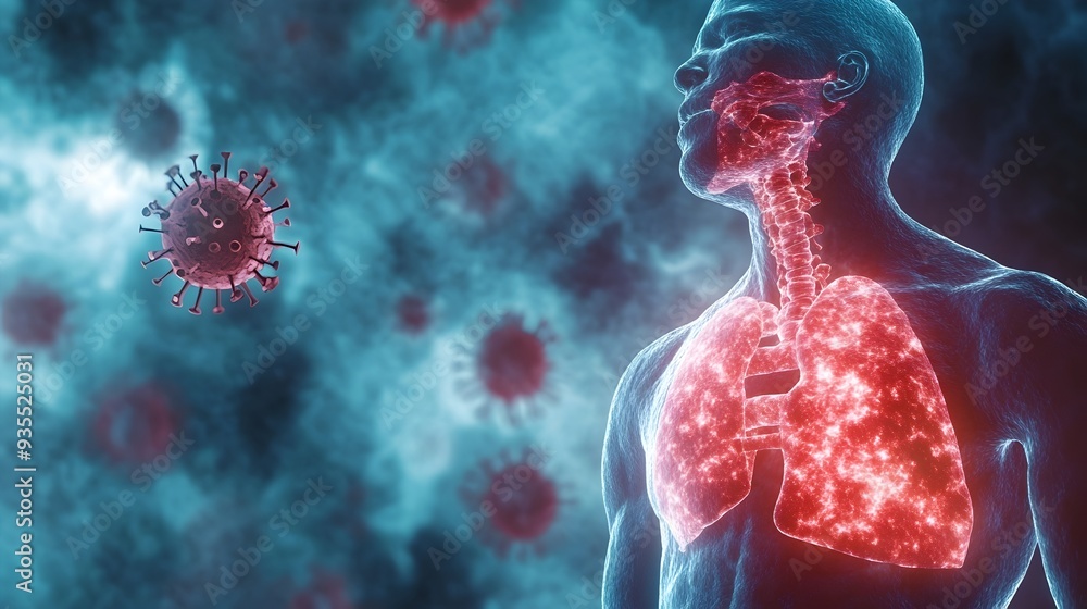 Detailed close up image of the human respiratory system highlighting the effects of flu infection The neutral background provides ample space for text or other design elements Detailed close up image of the human respiratory system highlighting the effects of flu infection The neutral background provides ample space for text or other design elements