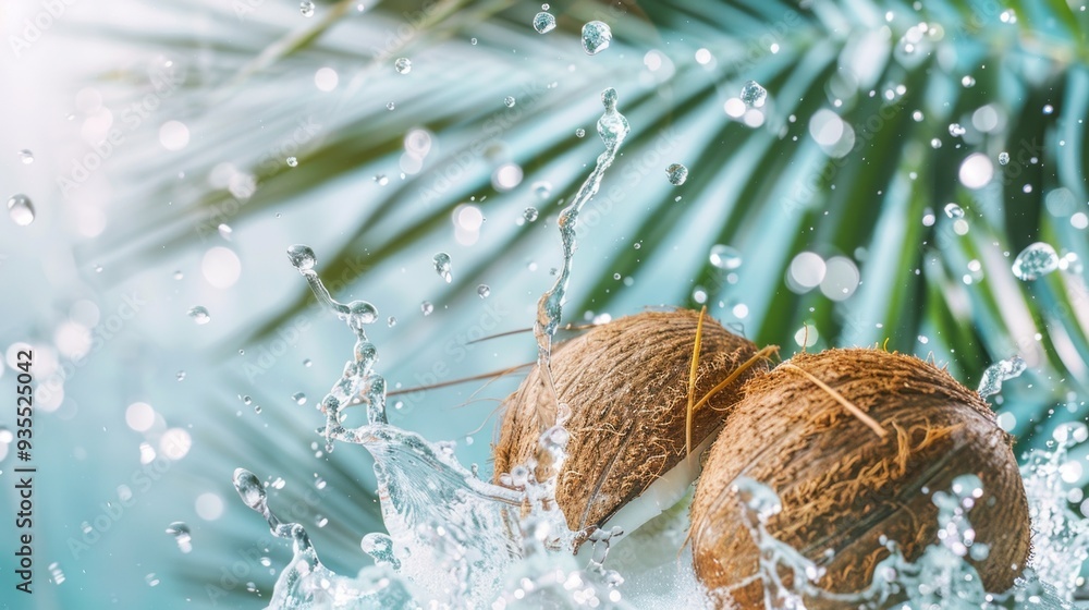Two coconuts create a dynamic splash as water droplets fly around them, surrounded by vibrant green palm leaves, capturing a tropical paradise feel Two coconuts create a dynamic splash as water droplets fly around them, surrounded by vibrant green palm leaves, capturing a tropical paradise feel