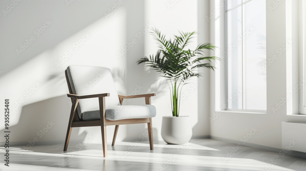 Fototapeta premium Minimalistic room with mid-century modern armchair and potted plant near large windows. Sunlight casting soft shadows on white walls and wooden floor