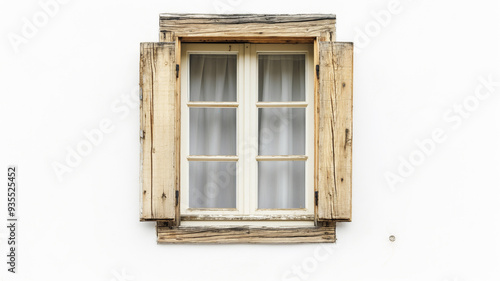 Rustic wooden window with weathered shutters and white curtains on white wall. Vintage charm with natural textures and aged appearance