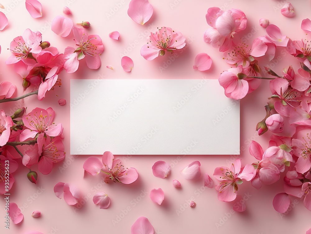 elegant white greeting card floating over soft pink background delicate flower petals and romantic elements frame blank space dreamy ethereal atmosphere for love letter concept elegant white greeting card floating over soft pink background delicate flower petals and romantic elements frame blank space dreamy ethereal atmosphere for love letter concept