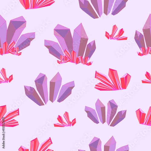 Pink and purple crystal quartz seamless pattern. Love quartz and amethyst pastel colored gemstones seamless pattern