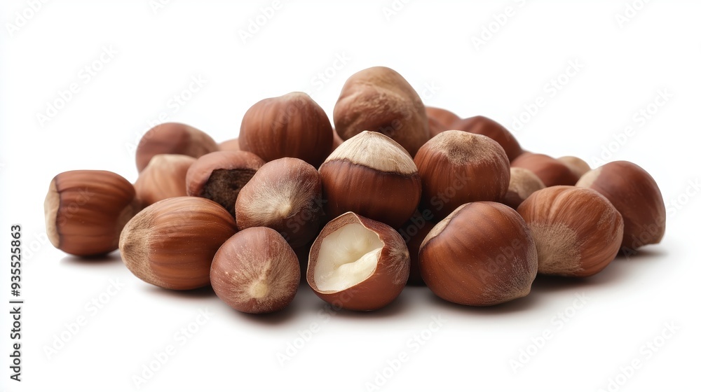 A pile of hazelnuts, some with shells removed, on a white background. A pile of hazelnuts, some with shells removed, on a white background.