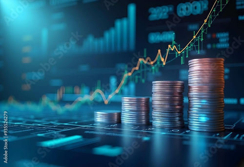 Features stacks of silver coins increasing in height from left to right, Above the coin stacks, a glowing orange line graph trends upward