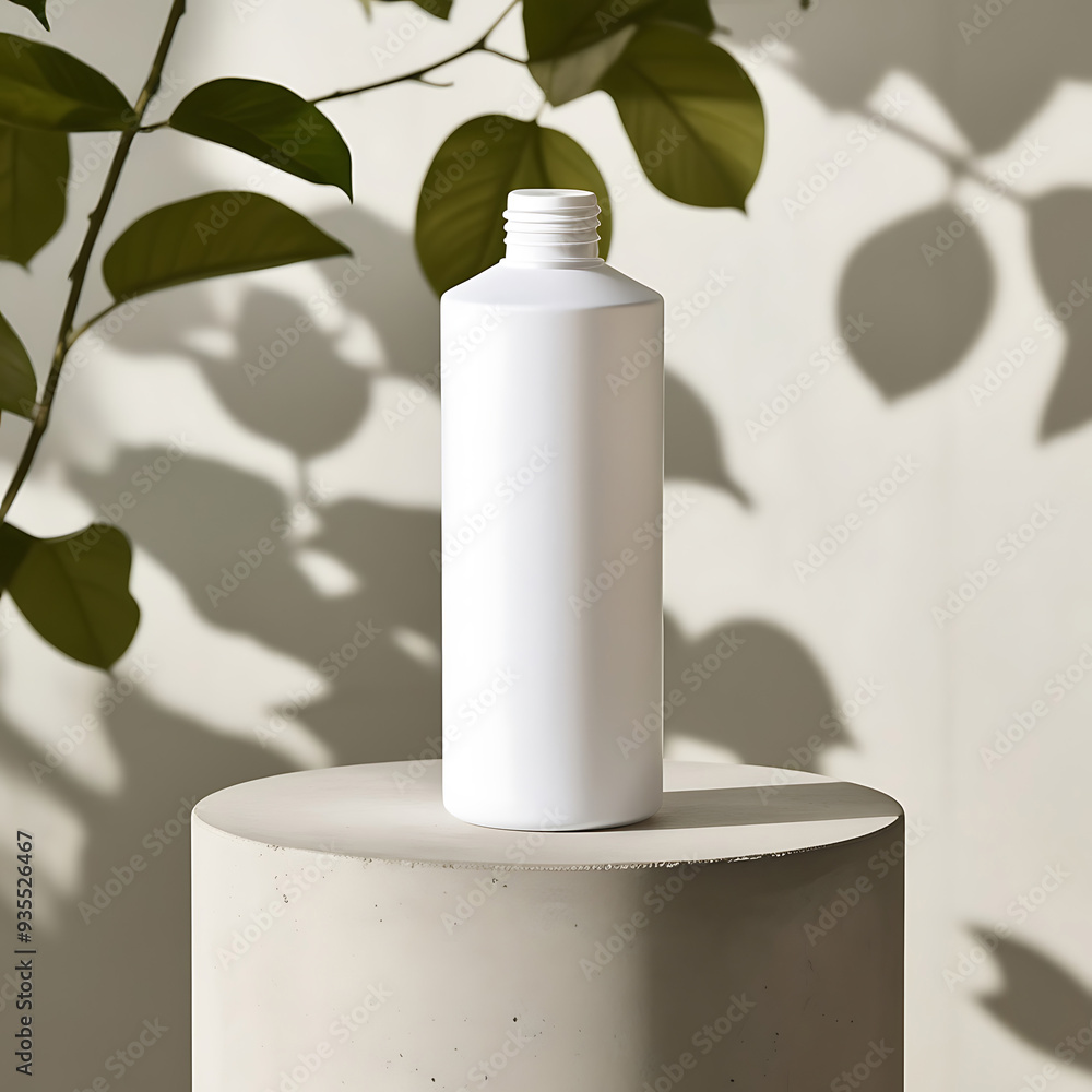 A mockup of a blank bottle sitting on a clean white background with plants behind, A mockup of a blank bottle sitting on a clean white background with plants behind,