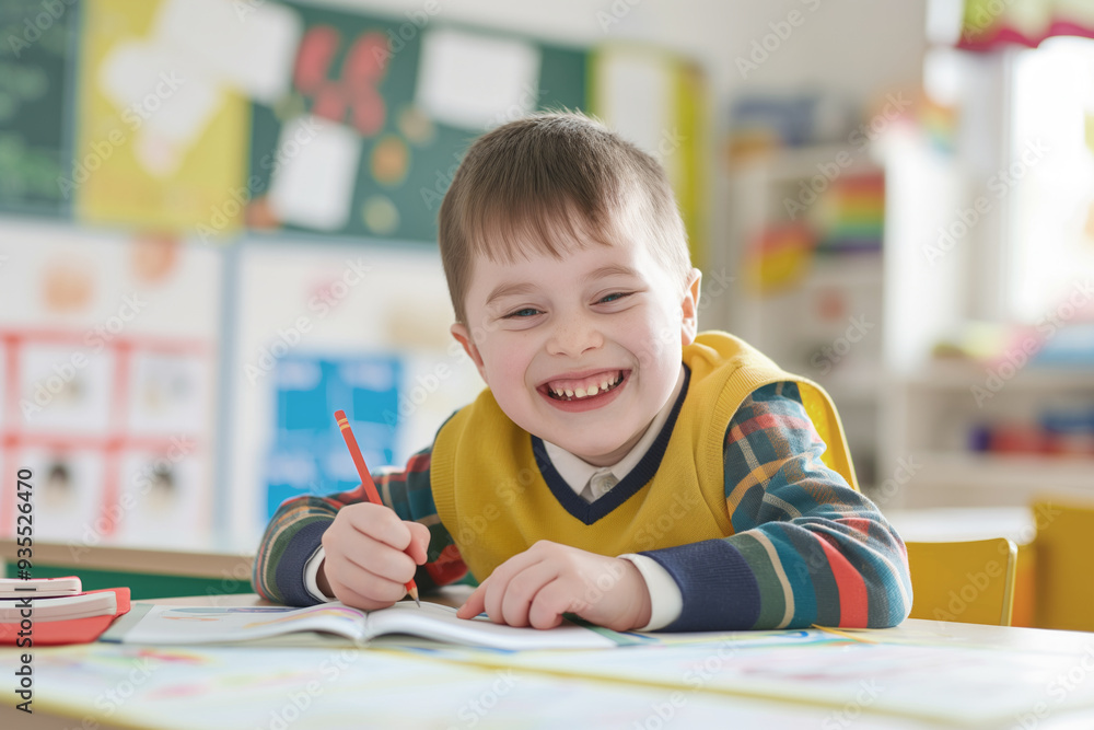 Smiling boy with Down syndrome drawing at a desk in a colorful classroom. His joyful expression and focused activity create a cheerful and inclusive atmosphere Smiling boy with Down syndrome drawing at a desk in a colorful classroom. His joyful expression and focused activity create a cheerful and inclusive atmosphere