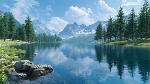 Fototapeta Naklejka Na Ścianę i Meble -  43. 3D depiction of a tranquil lake with crystal-clear waters and surrounding pine trees, displayed on a pristine background