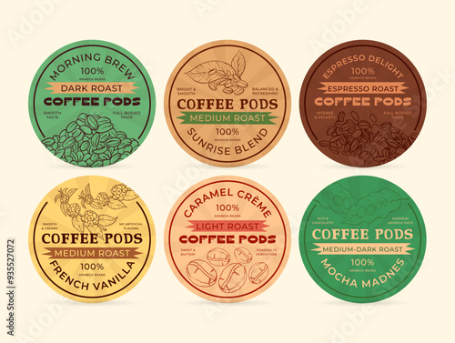 Variety of coffee pod labels showcasing flavors like dark roast, medium roast, and flavors like caramel and vanilla in a simple layout