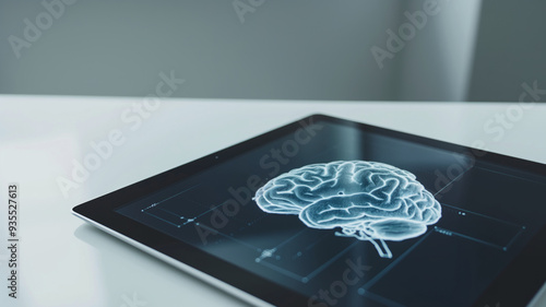 Tablet displaying a 3D digital brain scan on a white table. Concept of advanced medical imaging, neuroscience, and modern technology in healthcare