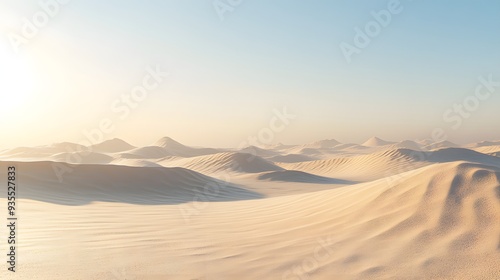 44. Stunning 3D visualization of a serene desert landscape with expansive dunes and a clear sky, isolated on a clean backdrop