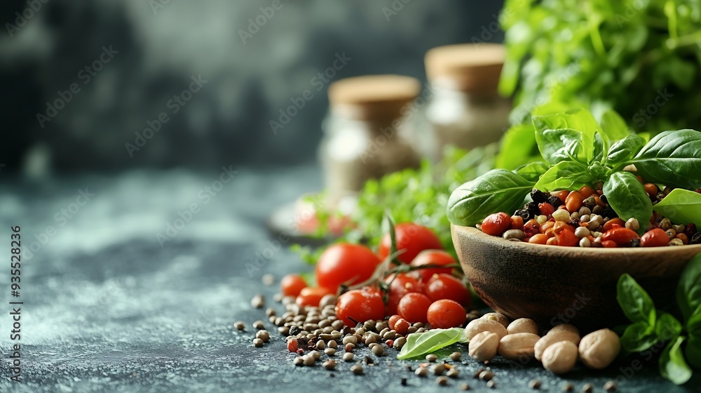 Fototapeta premium Balanced diet food background Nutrition clean eating food concept Diet plan with vitamins and minerals : Generative AI