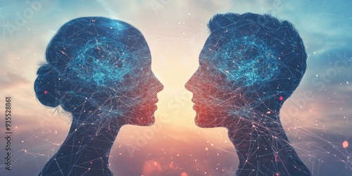 Two silhouettes facing each other with glowing networks.