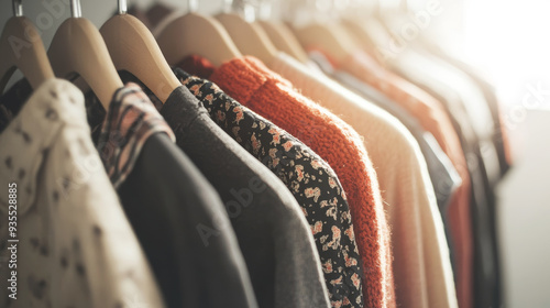 A variety of colorful clothes, including patterned shirts and knit sweaters, hanging on wooden hangers. The sunlight softly illuminates the fabrics, creating a warm and cozy atmosphere. photo