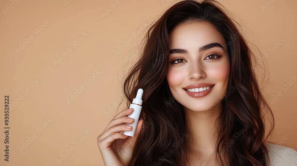Happy pretty longhaired middle eastern woman holding pipette with beauty product applying antiaging nourishing moisturizing serum isolated on beige background Skin care routine facial : Generative AI Happy pretty longhaired middle eastern woman holding pipette with beauty product applying antiaging nourishing moisturizing serum isolated on beige background Skin care routine facial : Generative AI