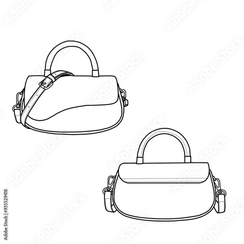 Women's bags. Top handle bag, sling bag flat sketch fashion illustration drawing template mock-up. Front, and back view. Isolated on a white background.