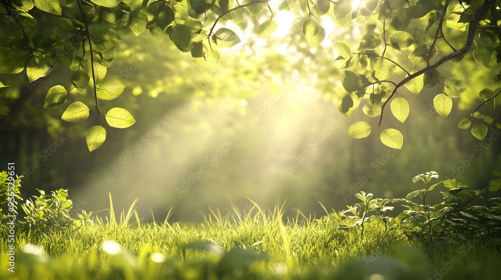 Obraz premium 46. 3D depiction of a serene woodland scene with sun-dappled leaves and tranquil ambiance, isolated on a smooth background