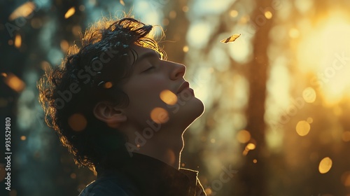 A young man with closed eyes stands in a forest, surrounded by golden light and falling leaves. He appears to be meditating or deep in thought, enjoying the peacefulness of the moment.