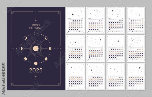 Moon calendar for the year 2025, lunar cycle planner template, lunar phases schedule Moon phases calendar, astrological moon wall calendar banner, card, poster vector illustration