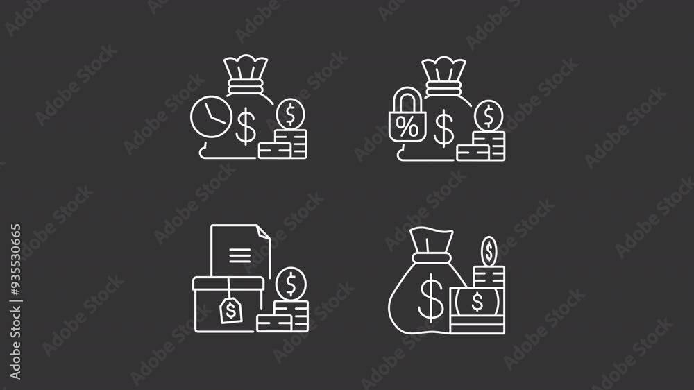 Animated banking white icons. Financial concepts line animation library. Secure investment. Cash, money. Isolated illustrations on dark background. Transition alpha. HD video. Icon pack Animated banking white icons. Financial concepts line animation library. Secure investment. Cash, money. Isolated illustrations on dark background. Transition alpha. HD video. Icon pack