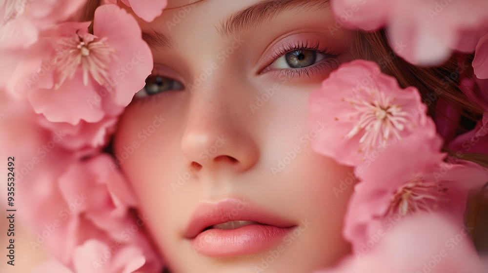 woman makeup pink portrait model girl spa face beauty flower blush : Generative AI woman makeup pink portrait model girl spa face beauty flower blush : Generative AI