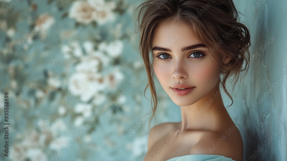 Obraz premium Beautiful girl in a dress on one shoulder Young fashionable woman with a lovely smile Stylish and slim model fashion and cosmetics : Generative AI