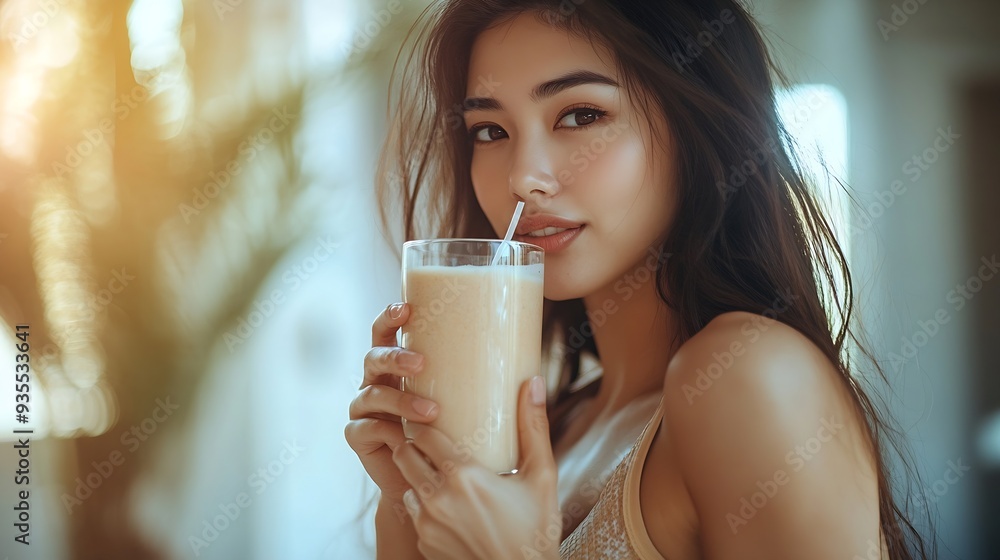 Attractive fitness asian woman finishing workout and drinking protein milk shake vitamins and vegetable after training at home Bodybuilding Healthy lifestyle : Generative AI Attractive fitness asian woman finishing workout and drinking protein milk shake vitamins and vegetable after training at home Bodybuilding Healthy lifestyle : Generative AI