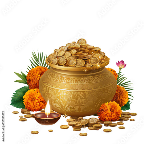 Happy Dhanteras, subh dhanteras, akshaya tritiya, golden kalash with diya isolated on transparent background photo