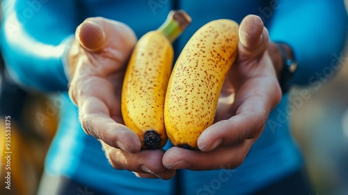 Man cyclist holding a banana with a background of a blue cycling jersey Healthy nutrition of a cyclist Healthy snack for a cyclist during training : Generative AI