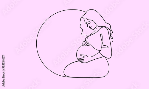 Woman enjoying maternity leave and motherhood continuous line art drawing isolated on pink background. Pregancy woman. Vector illustration
