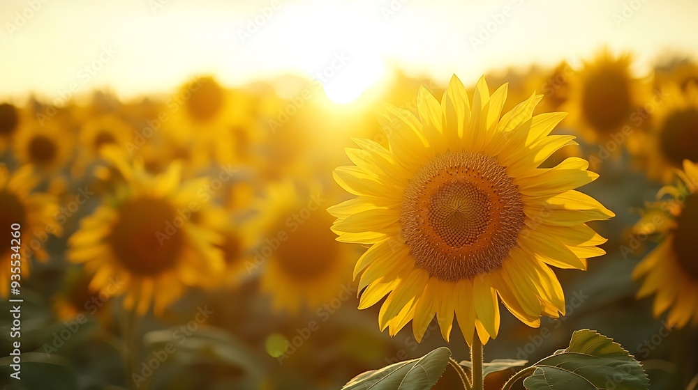 Fototapeta premium A field of sunflowers at sunrise : Generative AI