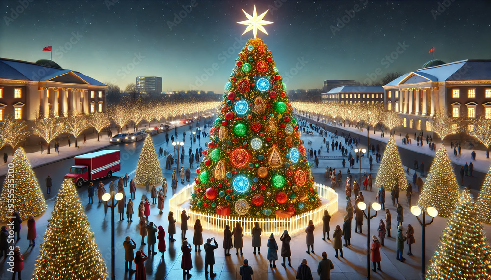 Fototapeta premium A realistic Christmas illumination with a giant Christmas tree in a town square The tree is decorated with colorful lights ornaments and a shining star