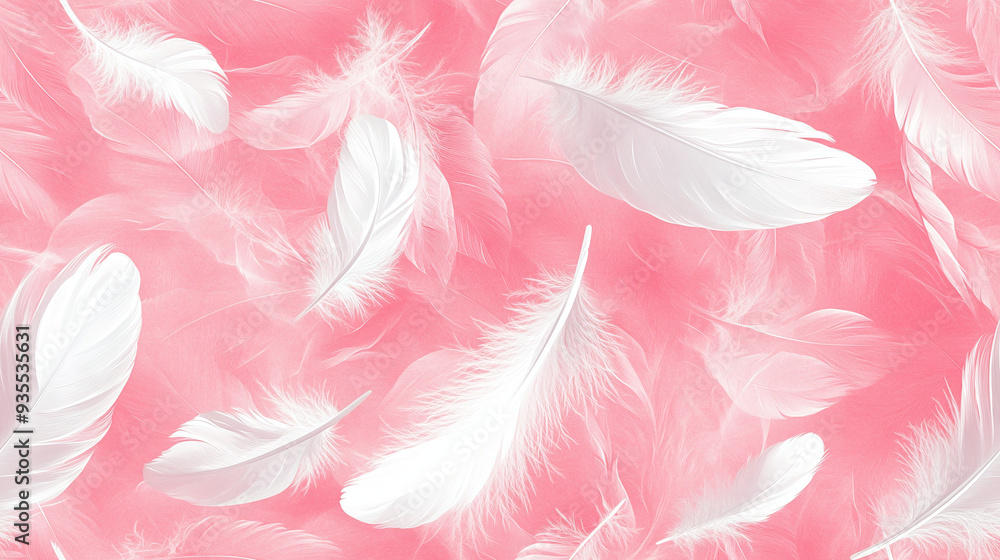 A seamless pattern with minimalistic white feathers flying on a soft pink backgground. A seamless pattern with minimalistic white feathers flying on a soft pink backgground.