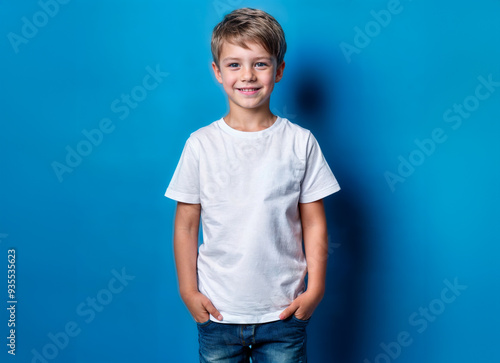 Male child, boy wearing a white Bella Canvas t-shirt mockup, against a blue background. Design template for a t-shirt print presentation photo