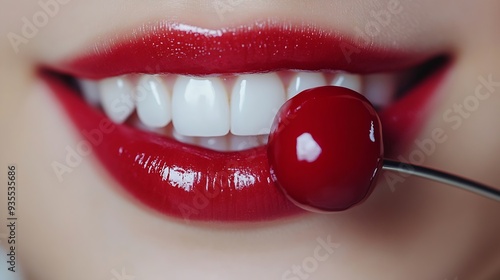 Woman mouth and bite with cherry red lipstick or cosmetics for nutrition on a white studio background Closeup of person teeth or natural organic fruit with makeup or gloss for diet fib : Generative AI photo