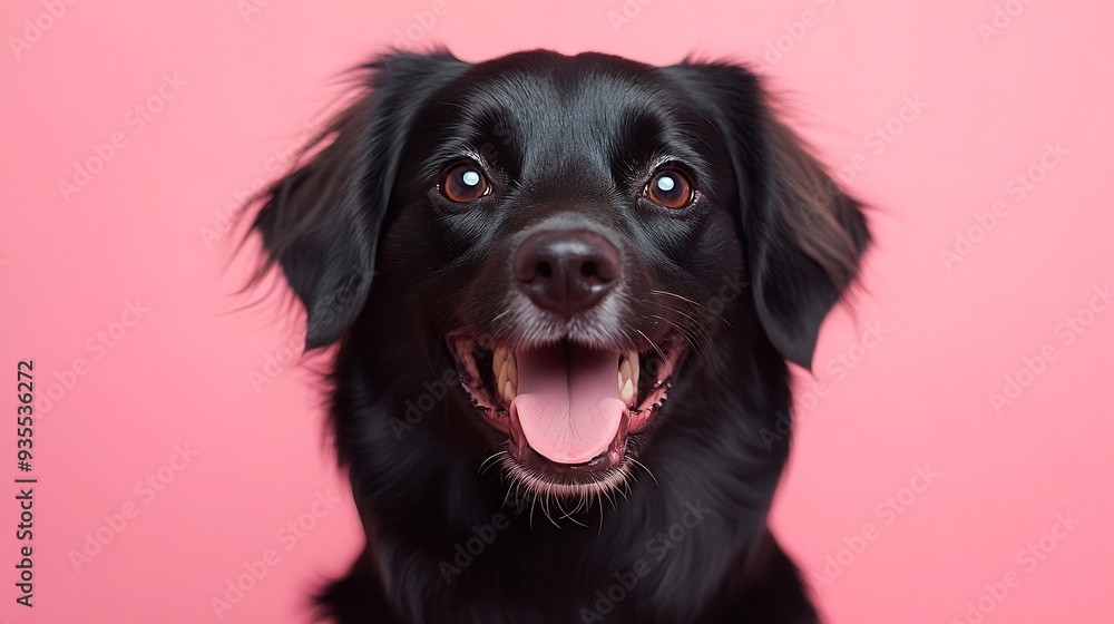 studio portrait of smiling black brown and white mixed breed rescue dog sitting and smiling against a pink background : Generative AI studio portrait of smiling black brown and white mixed breed rescue dog sitting and smiling against a pink background : Generative AI