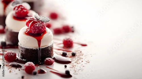 Obraz  z motywem Soaring modern desserts on white background : Generative AI