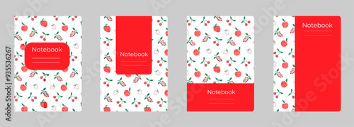 Set of cover designs for notebook, notepad, book, catalog with red apple; strawberry; cherry. Vertical format A4,A5.
