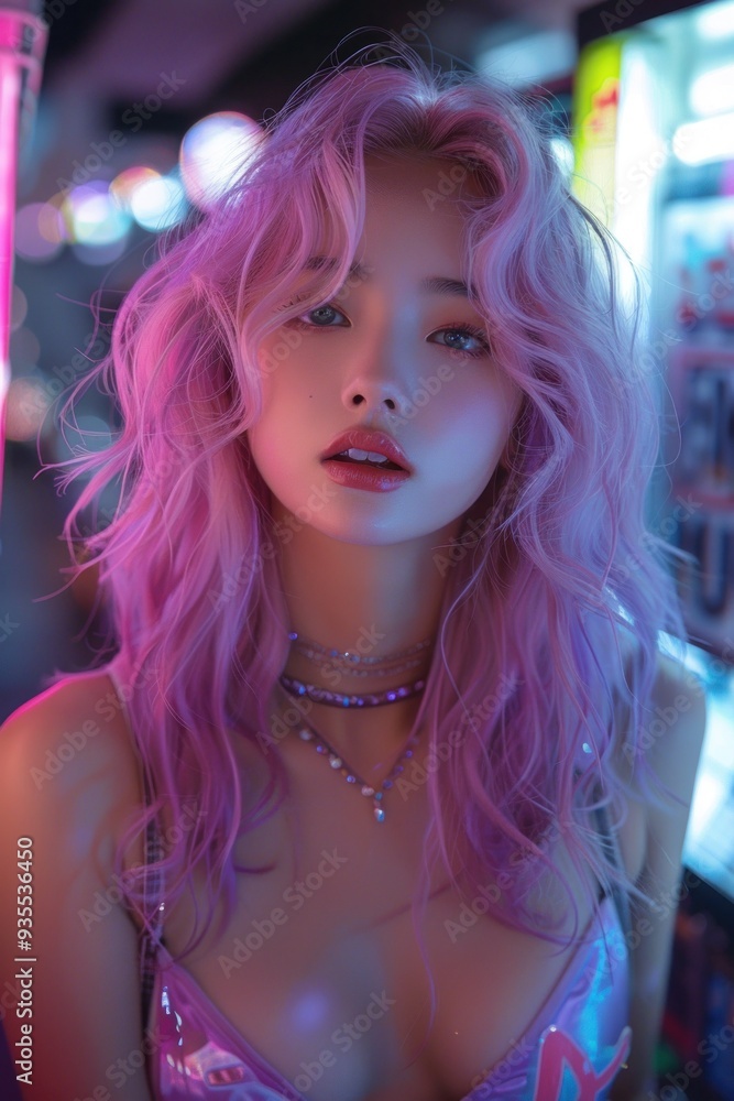 Fototapeta premium Japanese model in a violet wig and colorful school uniform, posed in a karaoke bar with friends, enjoying singing and having fun, full-length photo with an energetic and bright atmosphere