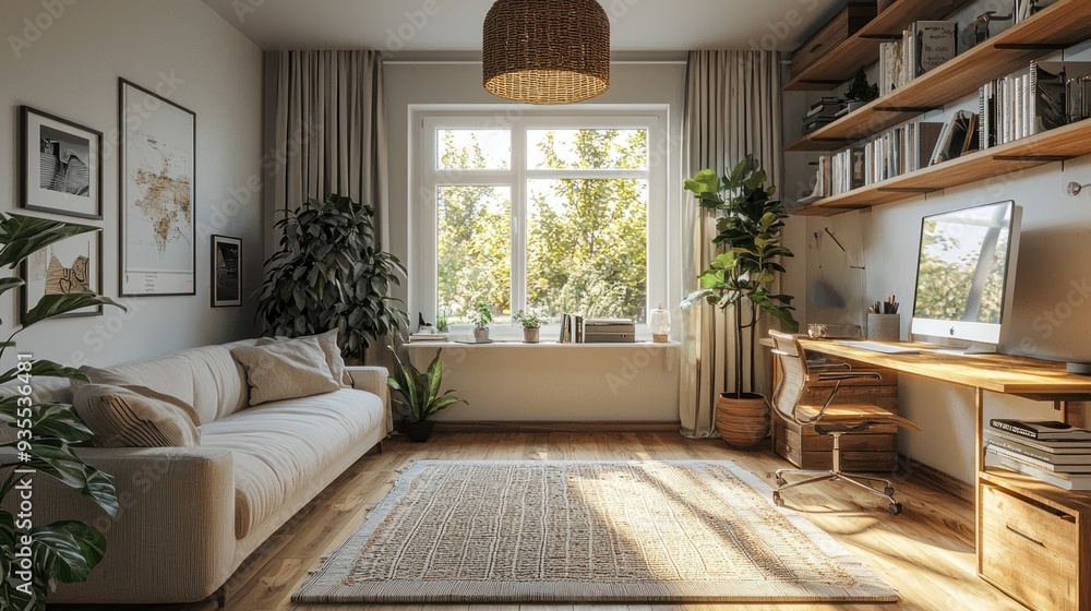 Fototapeta premium Serene Scandinavian Haven: Cozy Home Office with Nordic Flair