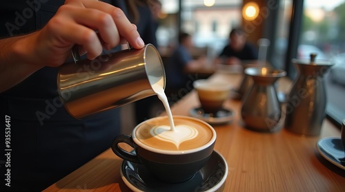 Latte Art Creation: Barista Pouring Steamed Milk into Coffee Cup, Demonstrating Skill in Beverage Craftsmanship and Cafe Culture