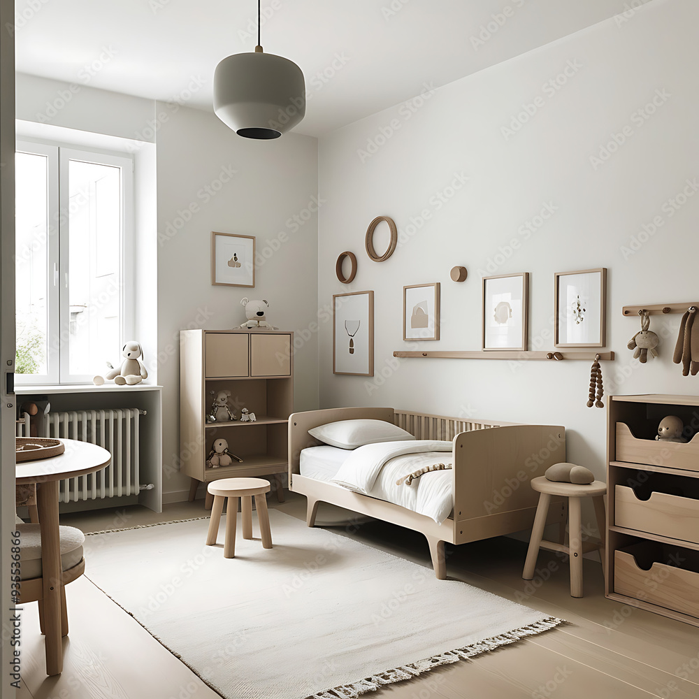 Fototapeta premium Natural bright bedroom interior with wooden furniture design